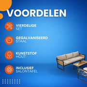 4-delig Tuinmeubelset - Loungeset - Tuinlounge Lounge Set - Voor Tuin of Terras - 3 Sofa’s, 2 Fauteuils & Salontafel - Kunststof Hout, Touw & Gegalvaniseerd Staal