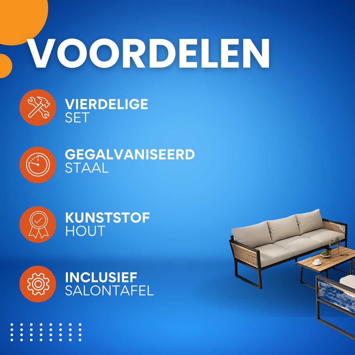 4-delig Tuinmeubelset - Loungeset - Tuinlounge Lounge Set - Voor Tuin of Terras - 3 Sofa’s, 2 Fauteuils & Salontafel - Kunststof Hout, Touw & Gegalvaniseerd Staal
