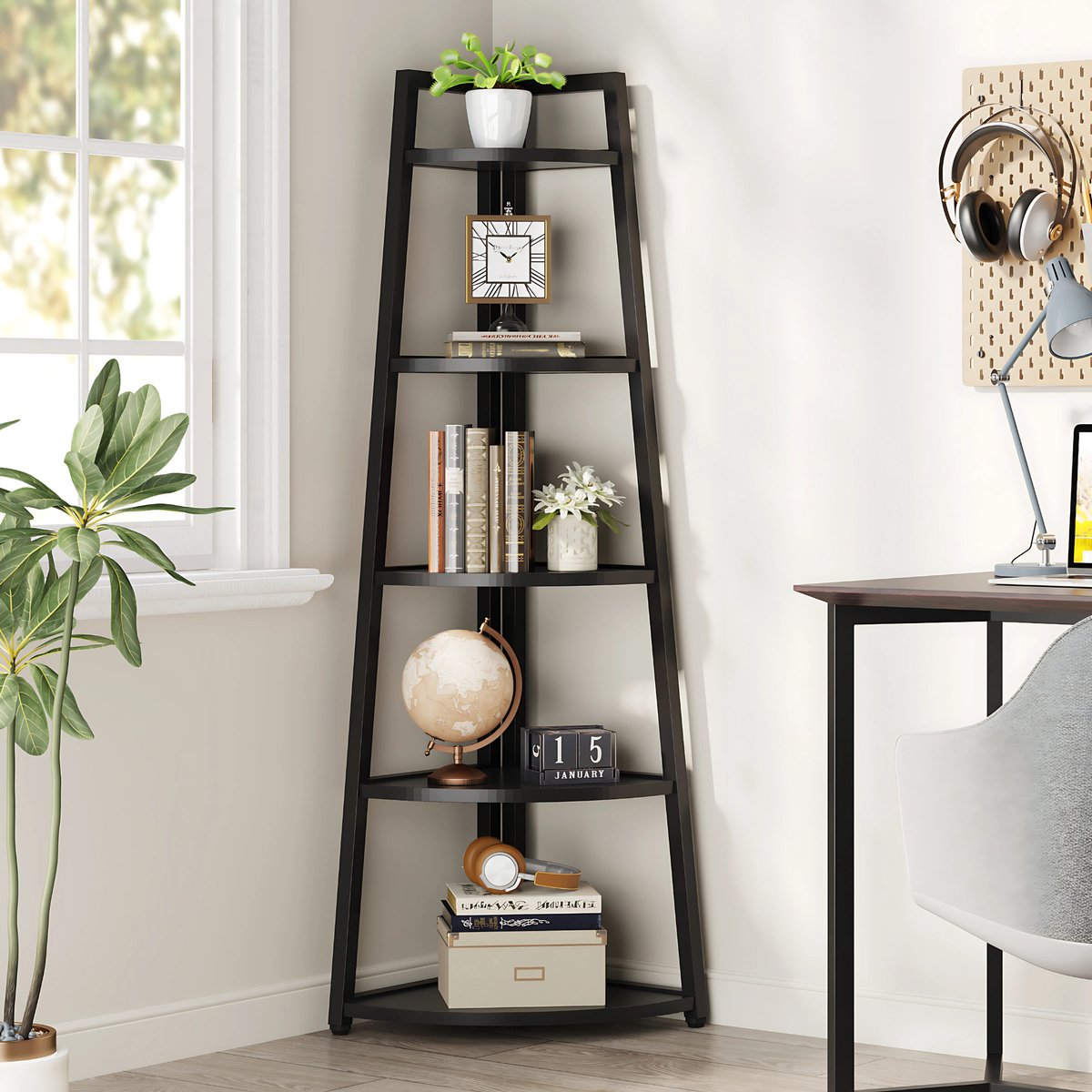 Hoekkast Treviano - Vakkenkast 180cm - Boekenrek Hoekmeubel - Opbergrek 5 Lagen - Zwart