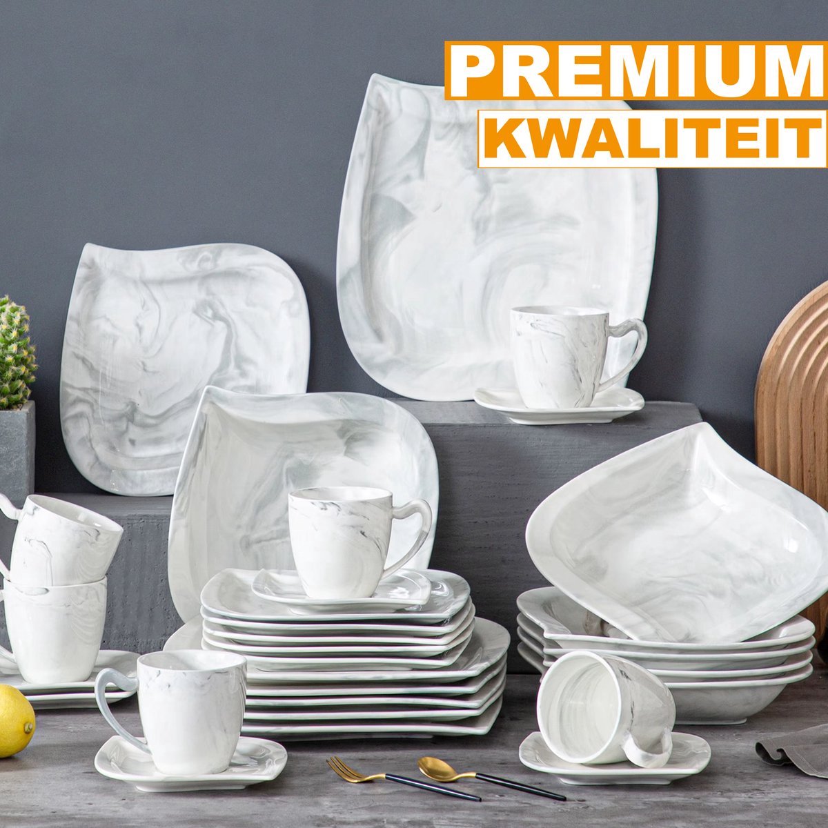 Elite Bordenset – Dinerborden – 6 persoons – 30 delig – Marmerlook Keramisch – Kleine Borden – Luxe design