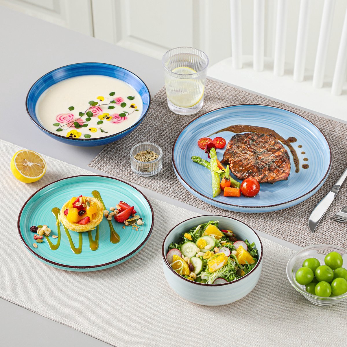 Rosalia Serviesset - 16 delig - 4 persoons - Rainbow blue - Dinerborden - Bordenset - Diepe borden - Ontbijtborden - Servies - Keukenservies