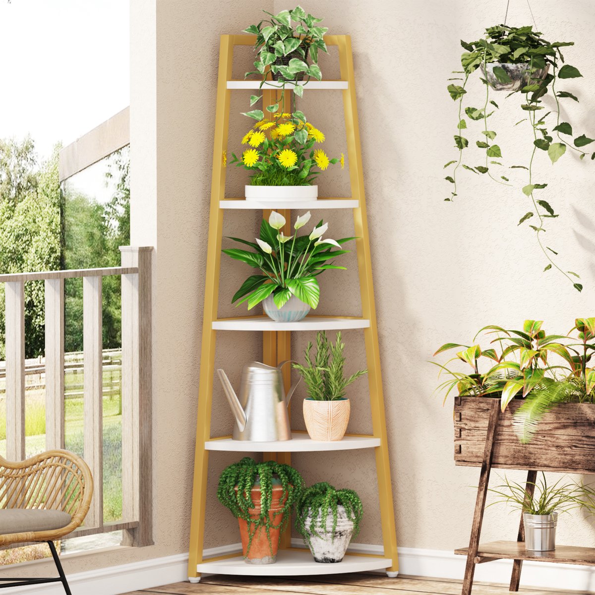 Hoekkast Quinoro - Vakkenkast 180cm - Boekenrek Hoekmeubel - Opbergrek 5 Lagen - Geel