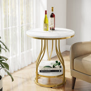 Moderne Bijzettafel met 2 Lagen - Marmerlook - Goud - Voor woonkamer of slaapkamer - Tafeltje