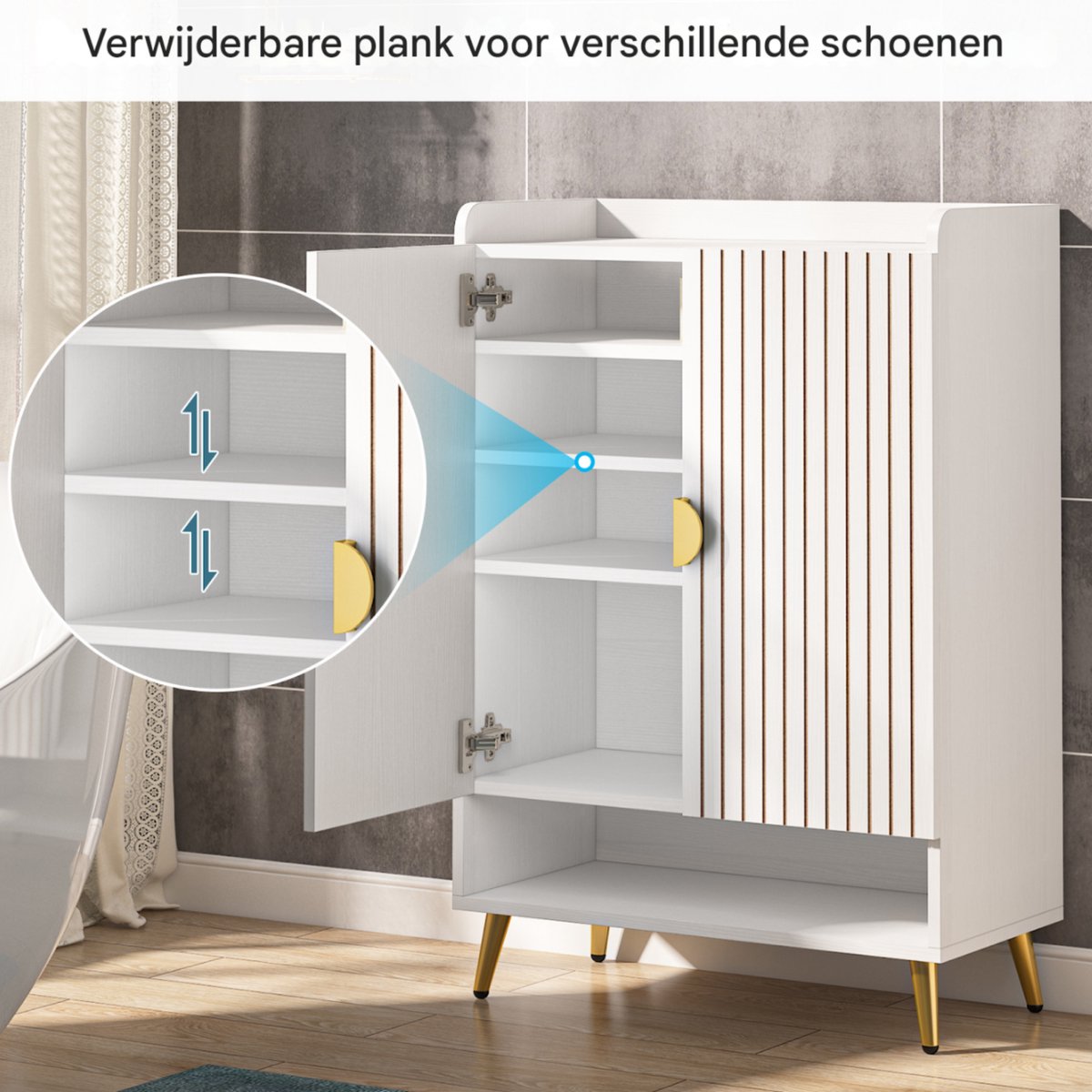 Schoenenkast - Schoenenbank - Schoenenrek - Voor schoenenopslag - Met 7 lagen en verstelbare planken - Wit