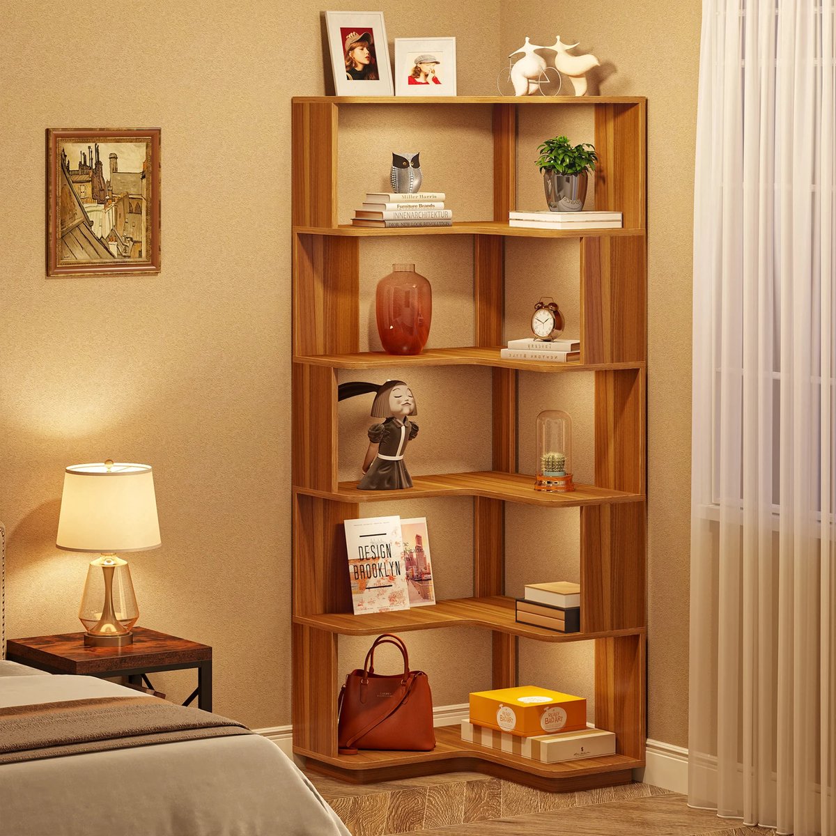 Hoekkast Brooklyn - Vakkenkast 165cm - Boekenrek Hoekmeubel - Opbergrek 6 lagen - Bruin