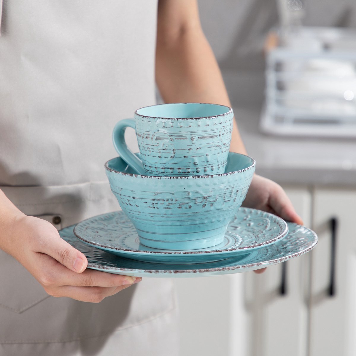 Crystal Bordenset – Dinerborden – 8 persoons – 32 delig - Wit/blauw Keramisch – Ontbijtborden – Hoogwaardige kwaliteit
