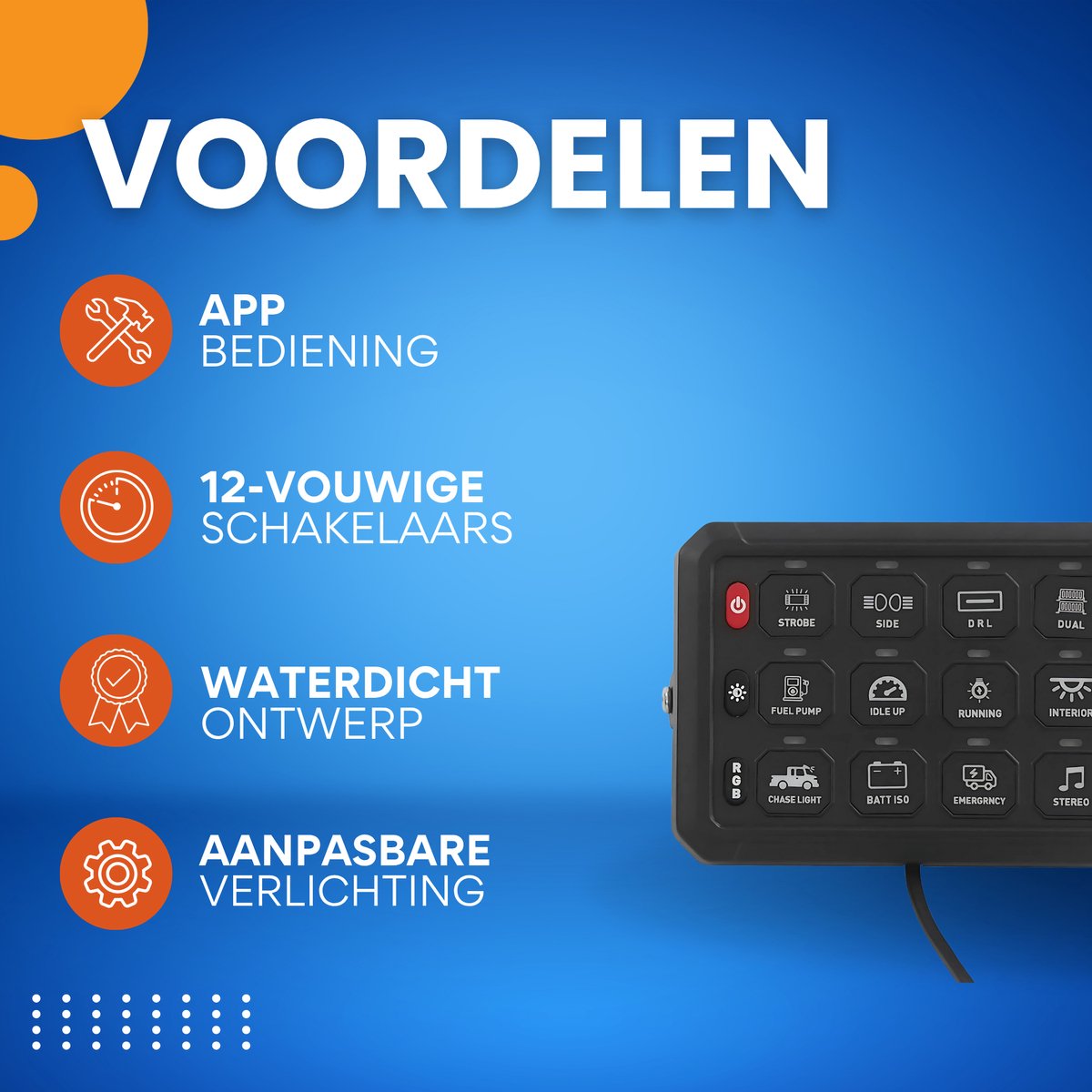 12-Voudig Schakelpaneel met App-Bediening - 12V/24V - Instelbare Helderheid & Lichtkleuren - IP65 Waterdicht - Voor Auto, Boot & Vrachtwagen