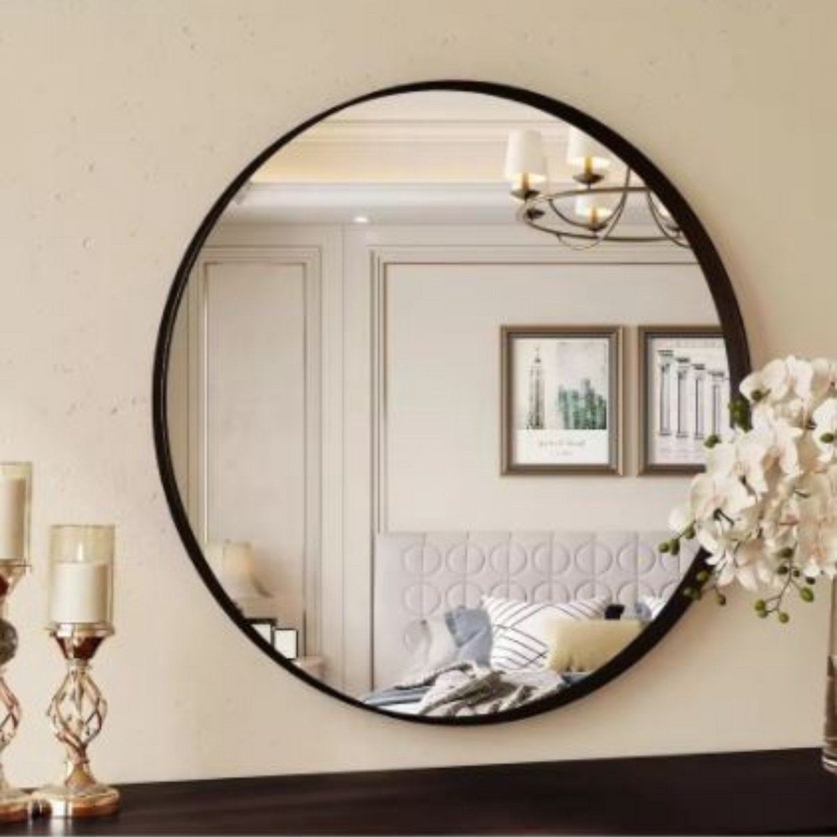 Ronde spiegel - Wandspiegel - 60x60 - Zwart - Metalen Frame - Voor Badkamer, Slaapkamer en Entree - Wanddecoratie - Woonaccessoires
