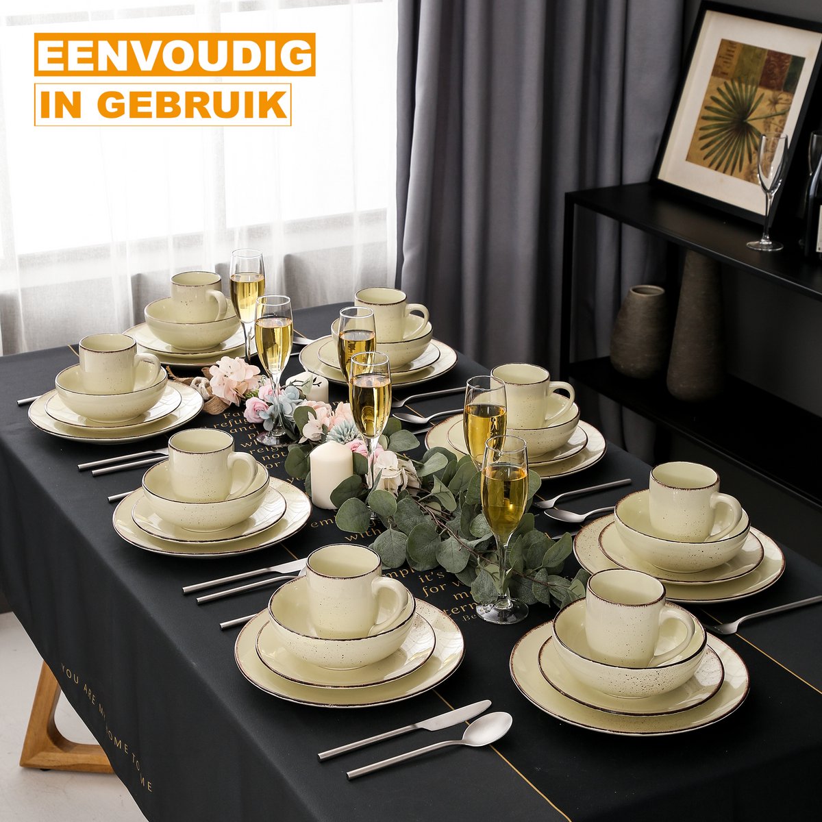 Ziza Serviesset - 16 delig - 4 persoons - Beige - Dinerborden - Bordenset - Diepe borden - Ontbijtborden - Servies