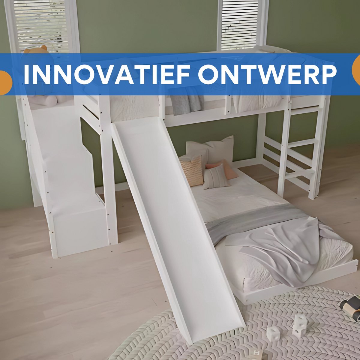 Opulence Luxe stapelbed voor kinderen - 90x200 cm - Met glijbaan - Kinderbedden - Hoogslaper - Met Hoektrap, valbeveiliging en raam - Peuterbed