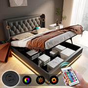 Bed - Tweepersoonsbedden - Tweepersoonsbed - Voor Slaapkamer - Tweepersoonsbed met USB-C, 3-zijdig Hoofdeinde & LED-verlichting - Hydraulisch met Opbergruimte - Zwart PU Leer - 160x200