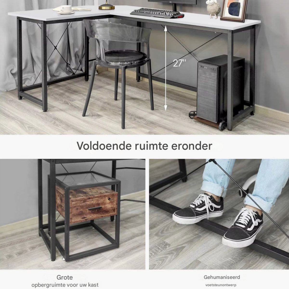 L-Vormig Thuis Bureau 167 cm - Voor Kantoor, Thuiswerk & Gaming - Stabiel Workstation - Wit