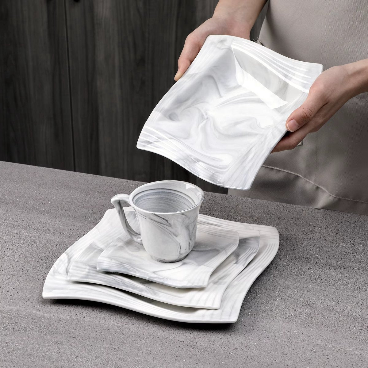 Glamorous Bordenset – Dinerborden – 6 persoons – 30 delig – Marmerlook Keramisch – Ontbijtborden – Luxe design