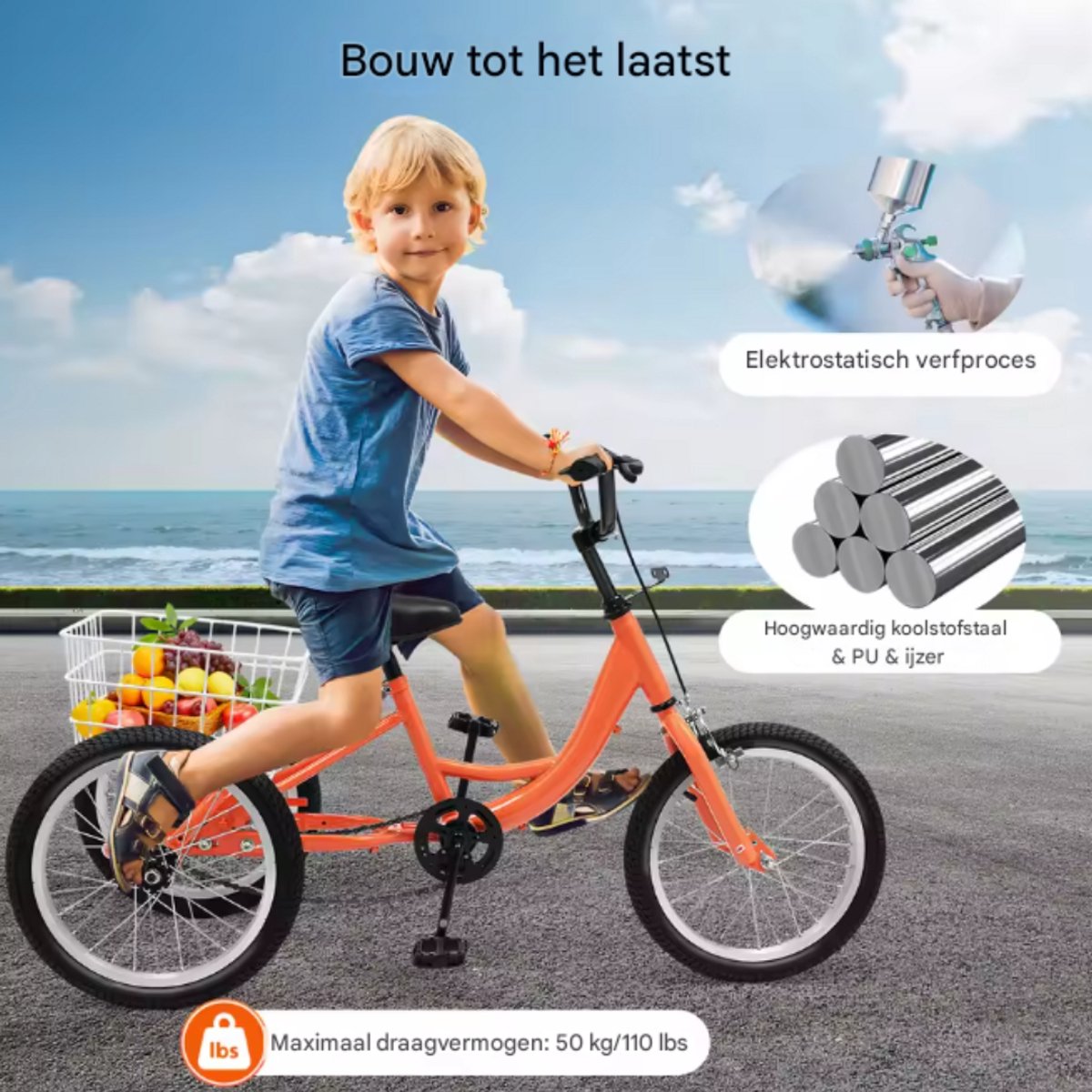 Kinderfiets 16 Inch - Kinder fiets driewieler - Oranje - Met mand - Kinderdriewieler - Voor jongens