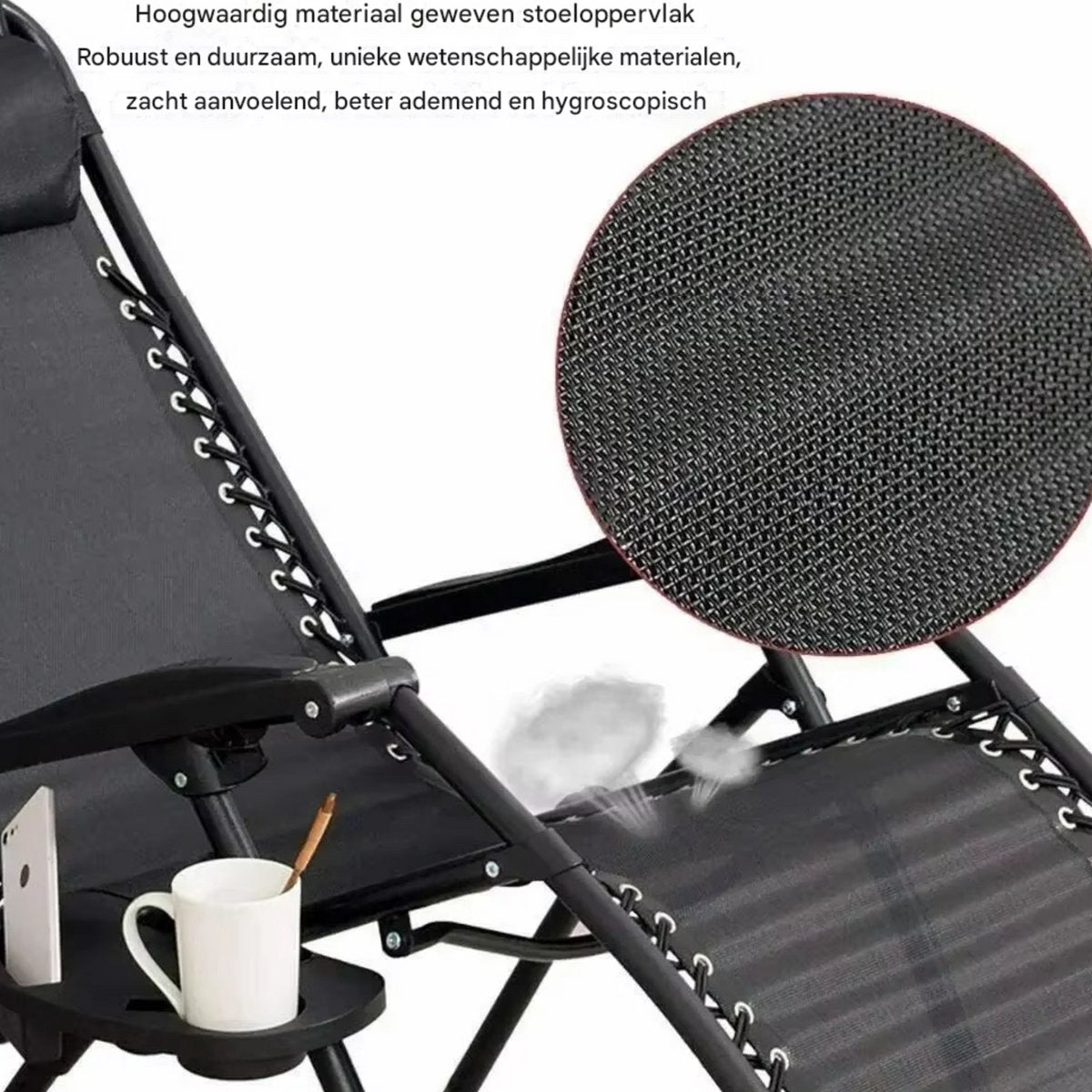 Opvouwbare stoel verstelbare stalen gaas - Zero Gravity lounge stoel - Fauteuils met kussens en bekerhouder - Zwart - 2 Stuks
