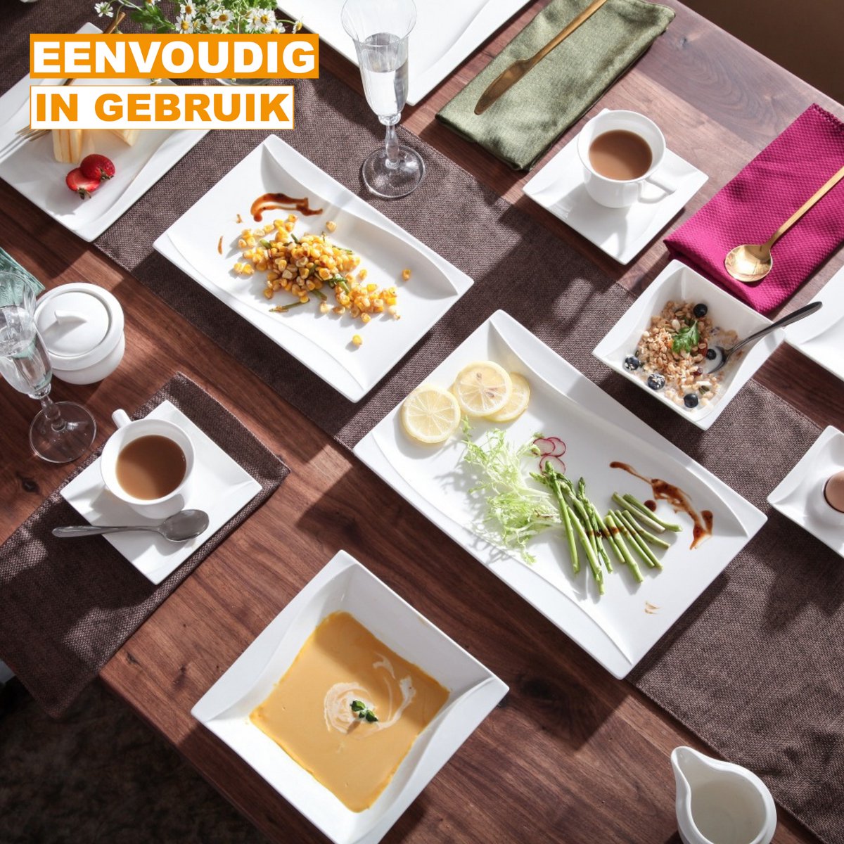 Lavish Bordenset – Snackschotel – 2 delig – Wit Keramisch – Ontbijtborden – Lange Borden