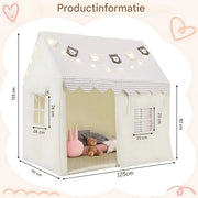 Kindertent - Speeltent - Voor Jongens & Meisjes (1-8 Jaar) - Speelhuis met Mat, Verlichting & Vlagbanner - Voor binnen - Inclusief Ramen - Beige