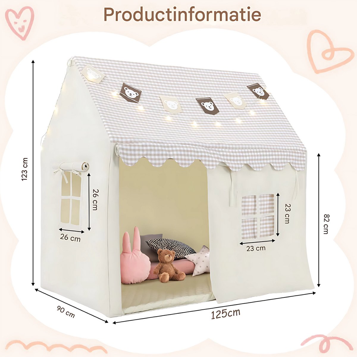 Kindertent - Speeltent - Voor Jongens & Meisjes (1-8 Jaar) - Speelhuis met Mat, Verlichting & Vlagbanner - Voor binnen - Inclusief Ramen - Beige