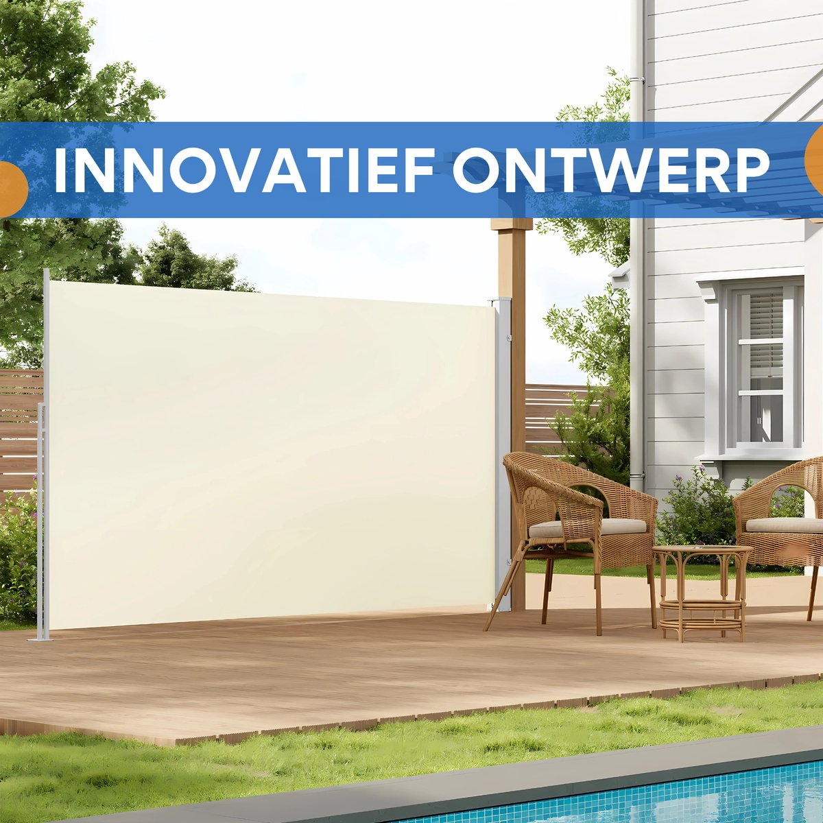 Uitschuifbare Zijluifel - Windscherm - Tuinscherm - Voor Balkon, Terras of Tuin - Waterdicht & Intrekbaar Privacyscherm - Zon- en Windbescherming - 160x350cm cream