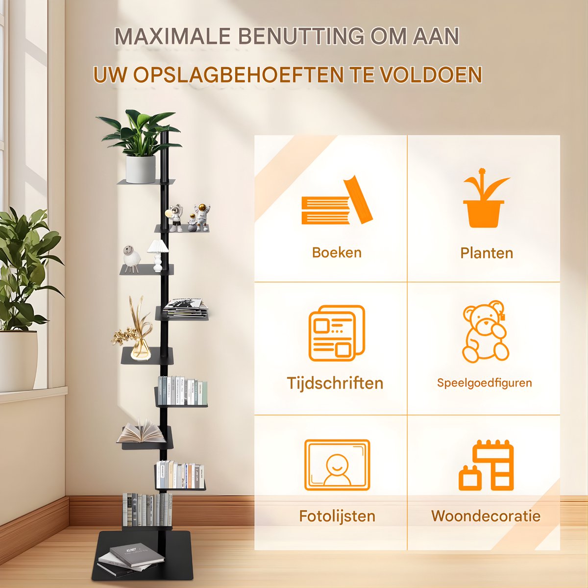 Boekentoren - Zwart - Boekenrek voor thuis, kantoor of woonkamer - 9 lagen - 170cm