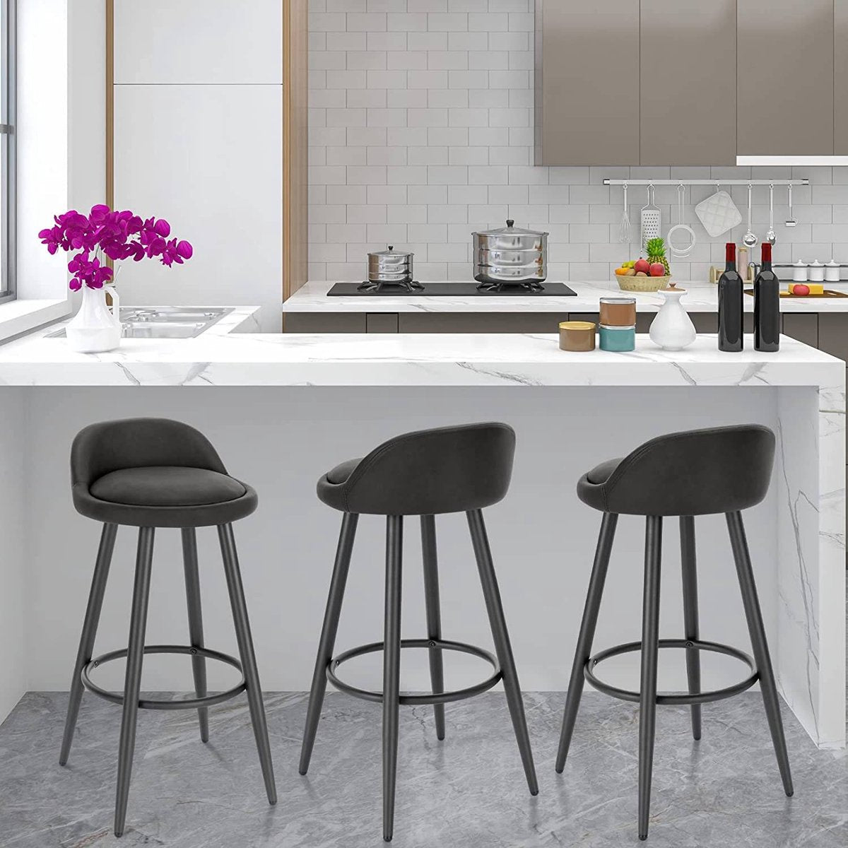 Leren Barkrukken Manchester - Set van 2 - Antraciet - Met rugleuning - Barstoelen ergonomisch - Keuken - Zithoogte 69cm