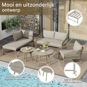 Tuinmeubelset - Loungeset - Tuinlounge Lounge Set - Lounge Set - Voor Tuin, Terras of Balkon - 2-Zits Sofa, 2 Fauteuils & Salontafel - Handgeweven Touw, Houtlook & Glasplaat - Gegalvaniseerd Staal