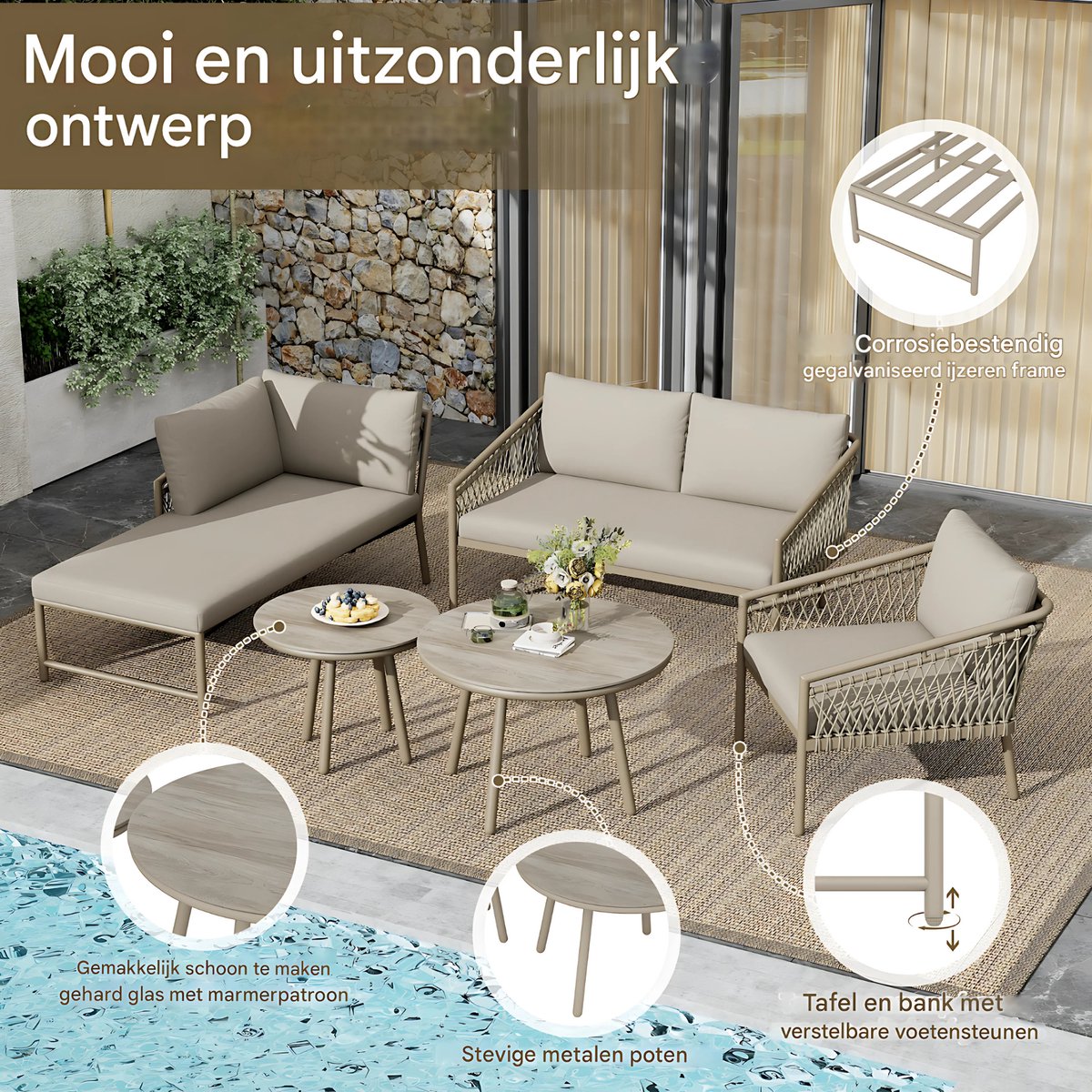Tuinmeubelset - Loungeset - Tuinlounge Lounge Set - Lounge Set - Voor Tuin, Terras of Balkon - 2-Zits Sofa, 2 Fauteuils & Salontafel - Handgeweven Touw, Houtlook & Glasplaat - Gegalvaniseerd Staal