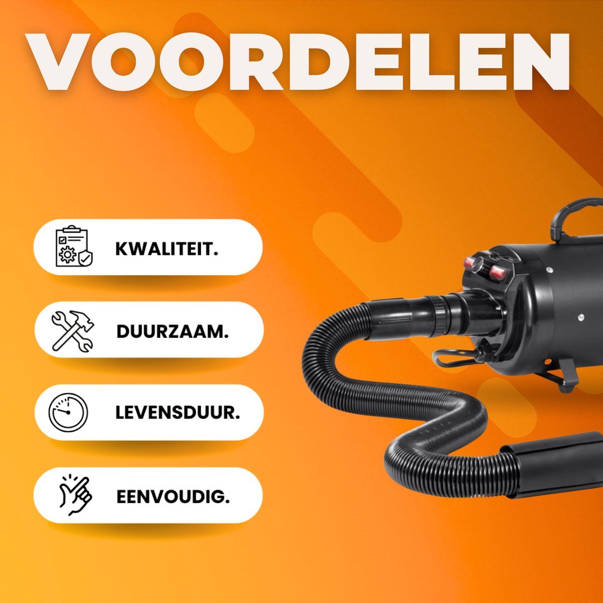 Luxe Hondendroger - 2000W Blower - Hondenfohn - 70 m/s Windsnelheid - Haardroger blazer - Waterblazer - 4 Mondstukken en Elastische Slang