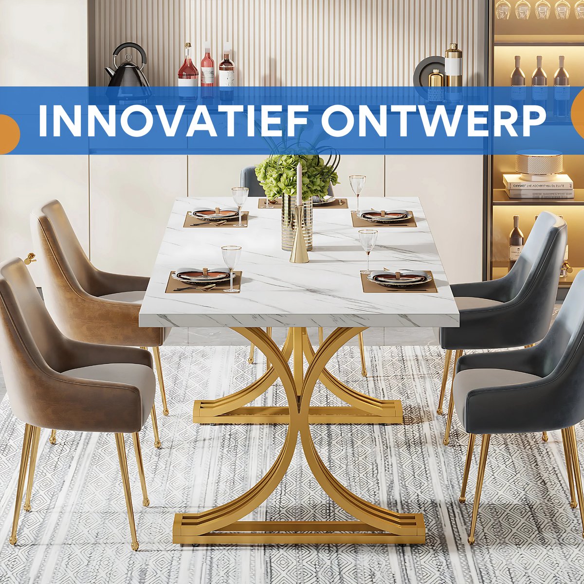 Moderne eetkamertafel Minty - Woonkamer -Marmerlook Blad - 160cm