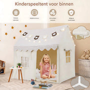 Kindertent - Speeltent - Voor Jongens & Meisjes (1-8 Jaar) - Speelhuis met Mat, Verlichting & Vlagbanner - Voor binnen - Inclusief Ramen - Beige