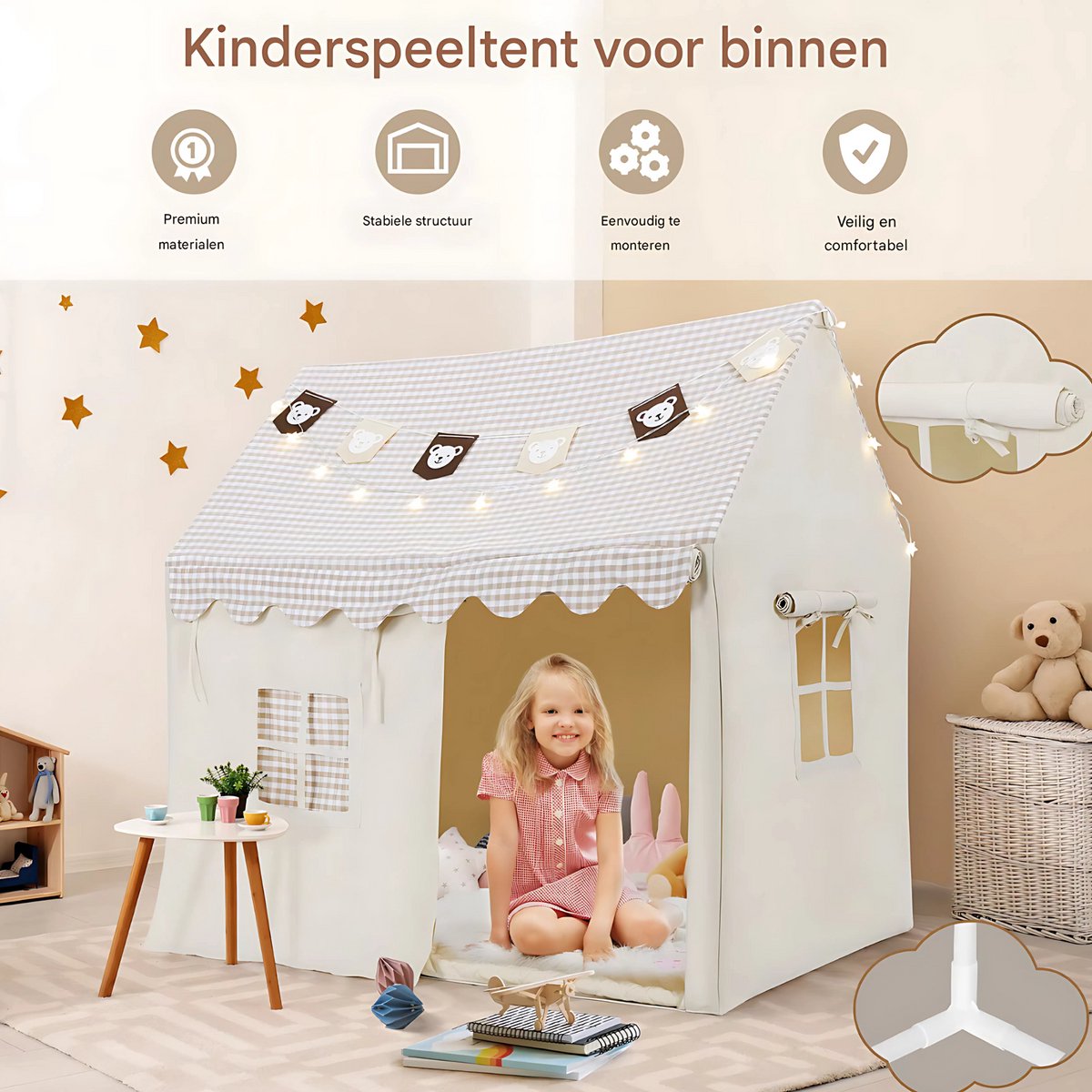 Kindertent - Speeltent - Voor Jongens & Meisjes (1-8 Jaar) - Speelhuis met Mat, Verlichting & Vlagbanner - Voor binnen - Inclusief Ramen - Beige