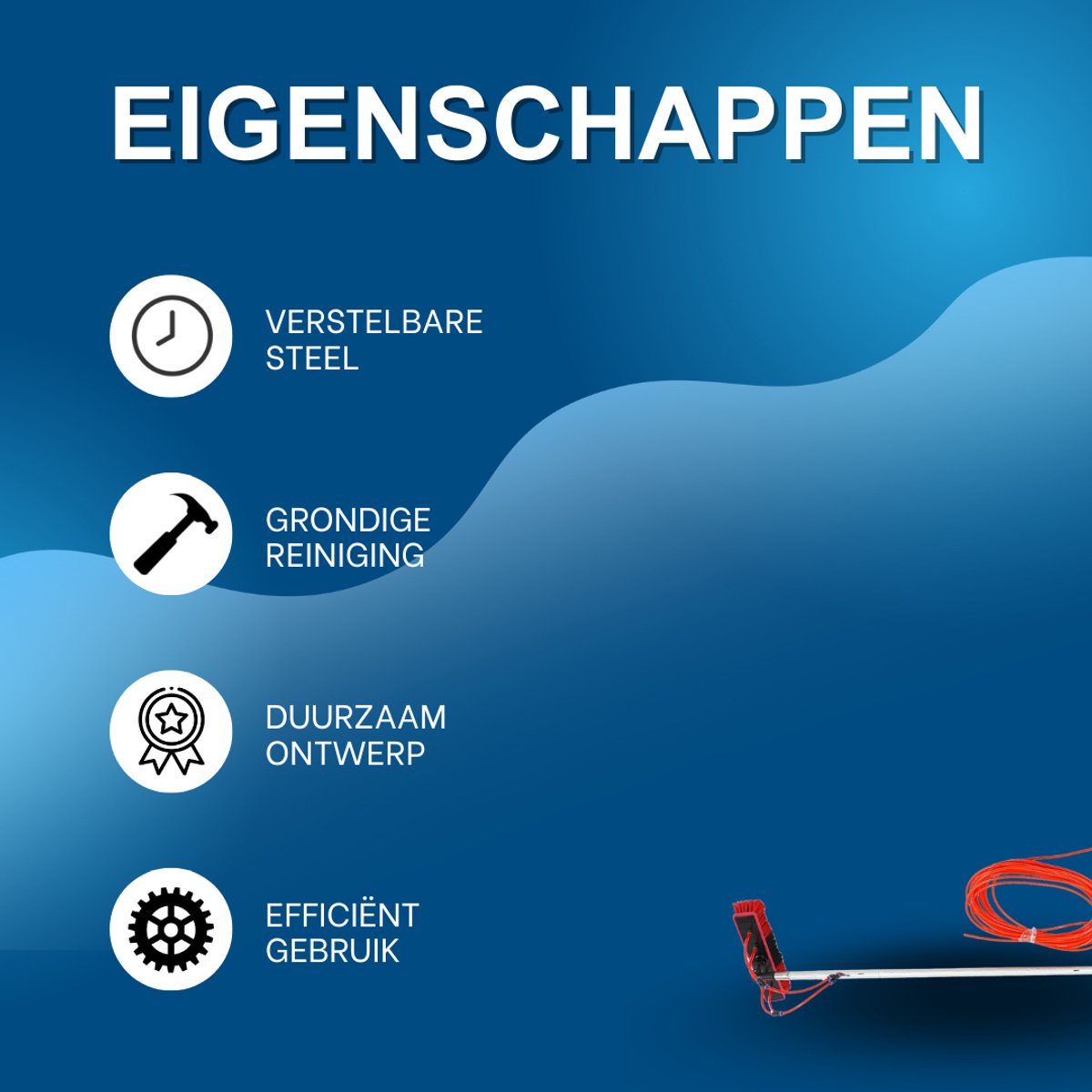 Reinigingsborstel - Voor zonnepanelen en buitenramen - Verstelbare steel, schoonmaakset - Rood