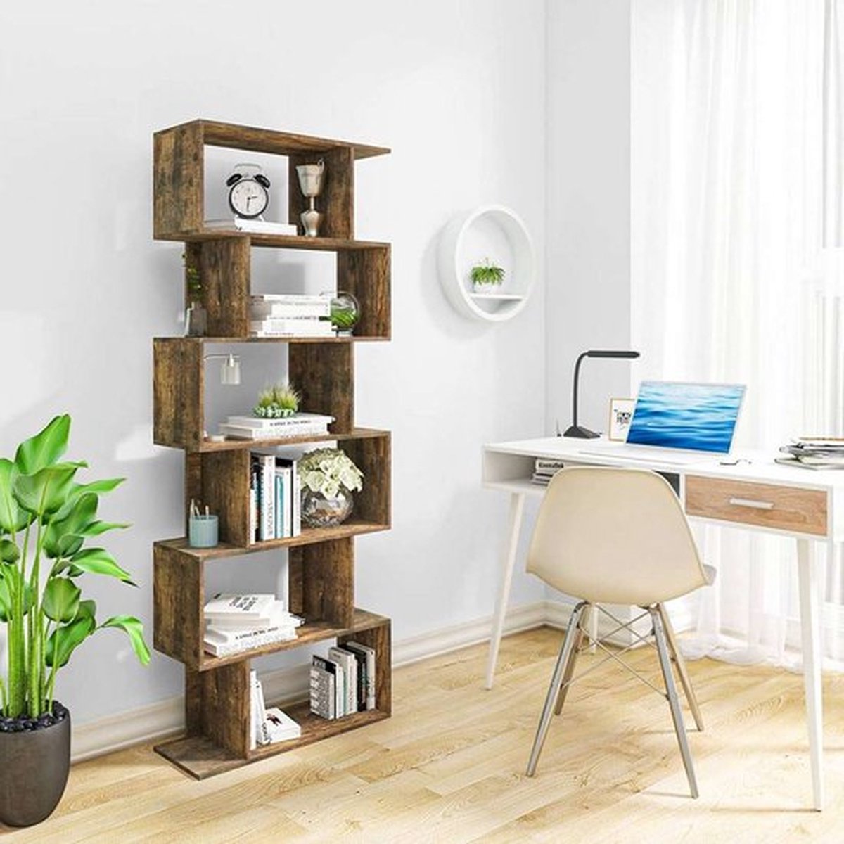 Bolt Edge Boekenkast - 6 Vakken - Bruin - Houten Boekenkast - 60x23.5x160CM