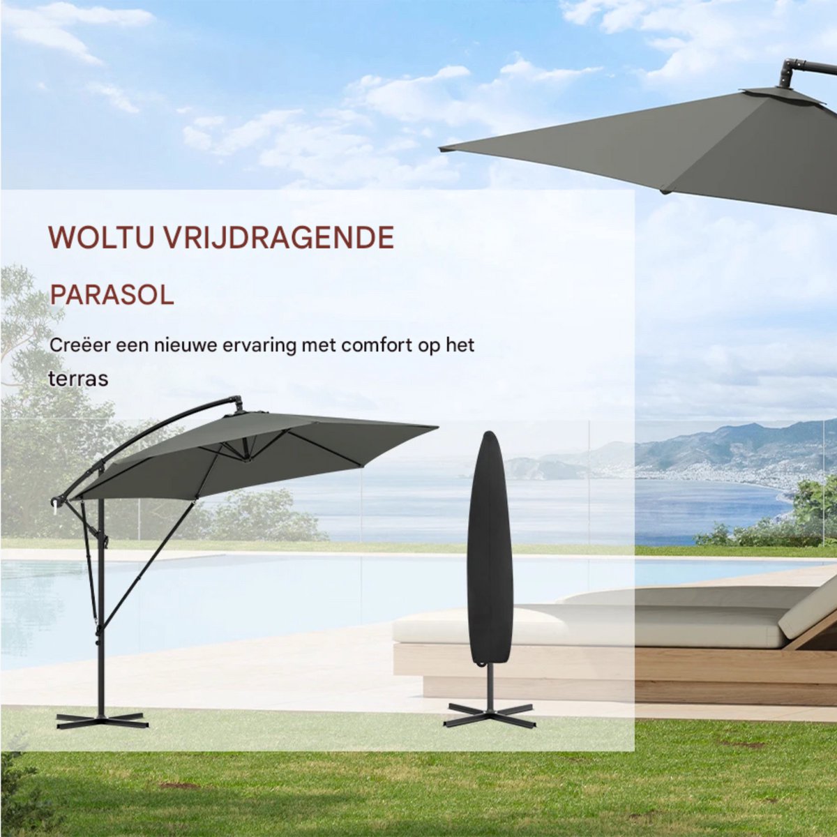 Ronde Parasol - Voor Balkon, Strand of Tuin - Verstelbaar & 45° Kantelbaar - UV-Resistent & Waterdicht - Darkgray
