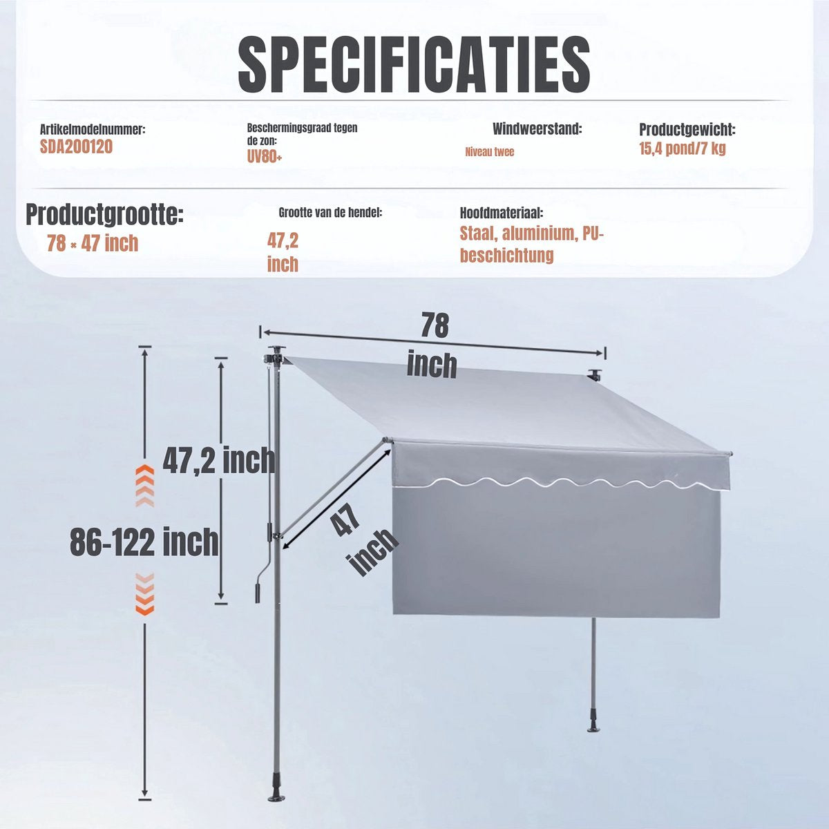 Zonneluifel - 183cm - Ook als balkonluifel - Terras - Knikarmscherm zonnescherm - Uitschuifbaar - PU Coating - In Hoogte Verstelbaar