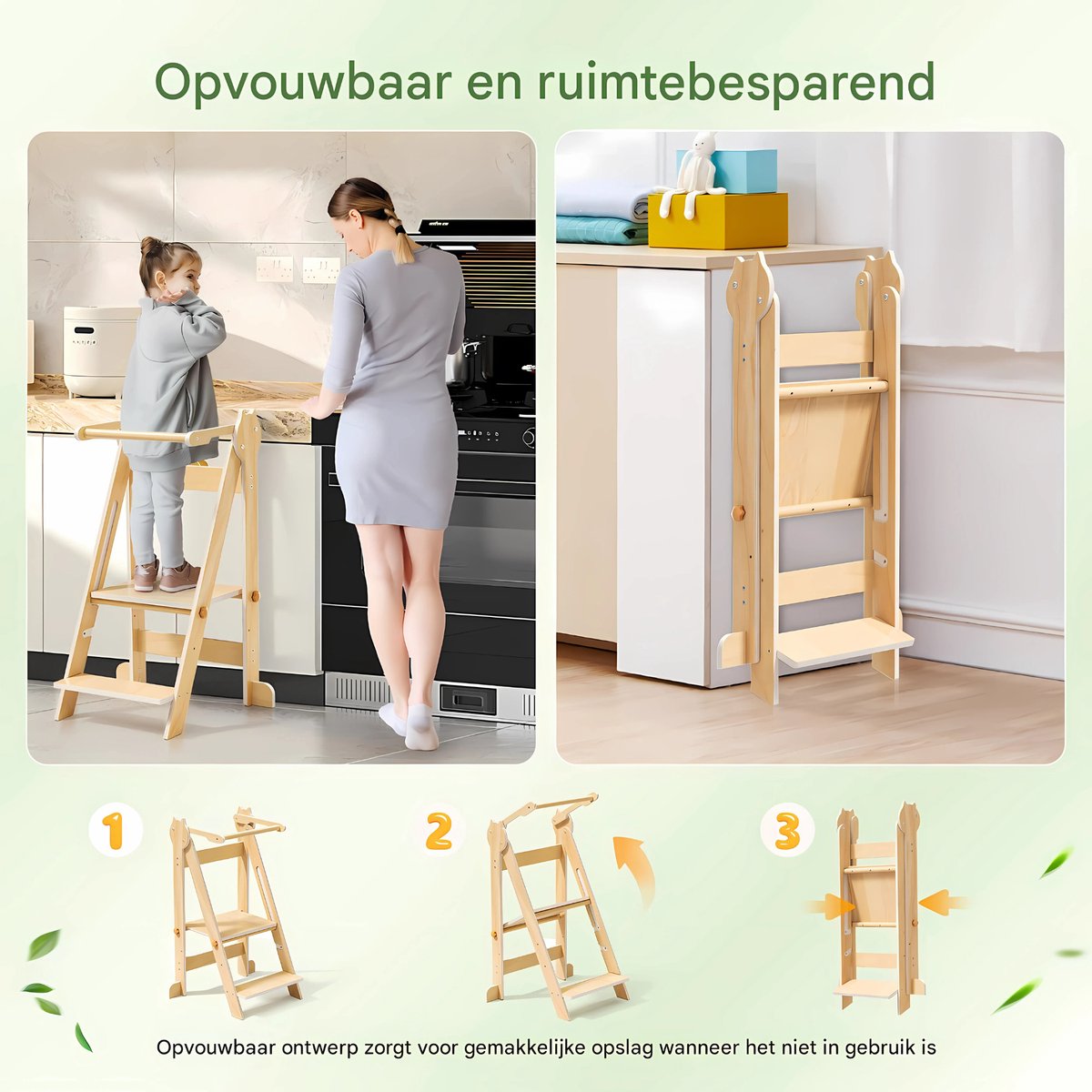 Leertoren - Opstapladder - Keukenhulp - Kindertrap - Opstapje - Inklapbaar - vanaf 1 Jaar - Met Verstelbare Hoogte en Veiligheidsrail - Nautal - 35 x 47 x 88 cm