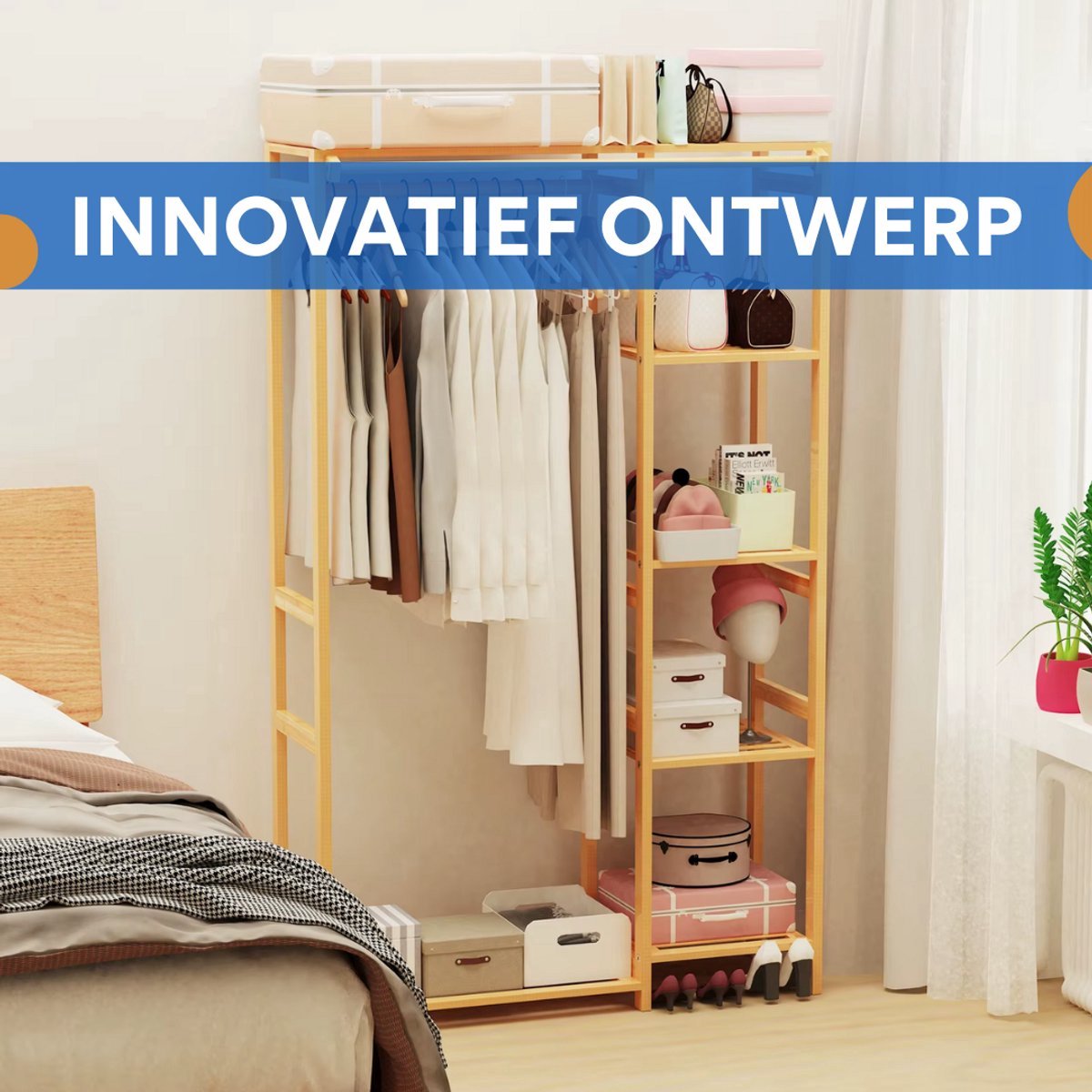 Kledingkast Elegance Bamboe - Kledingrek - Goud - Met kledingroede voor hal, slaapkamer of woonkamer - 91cm