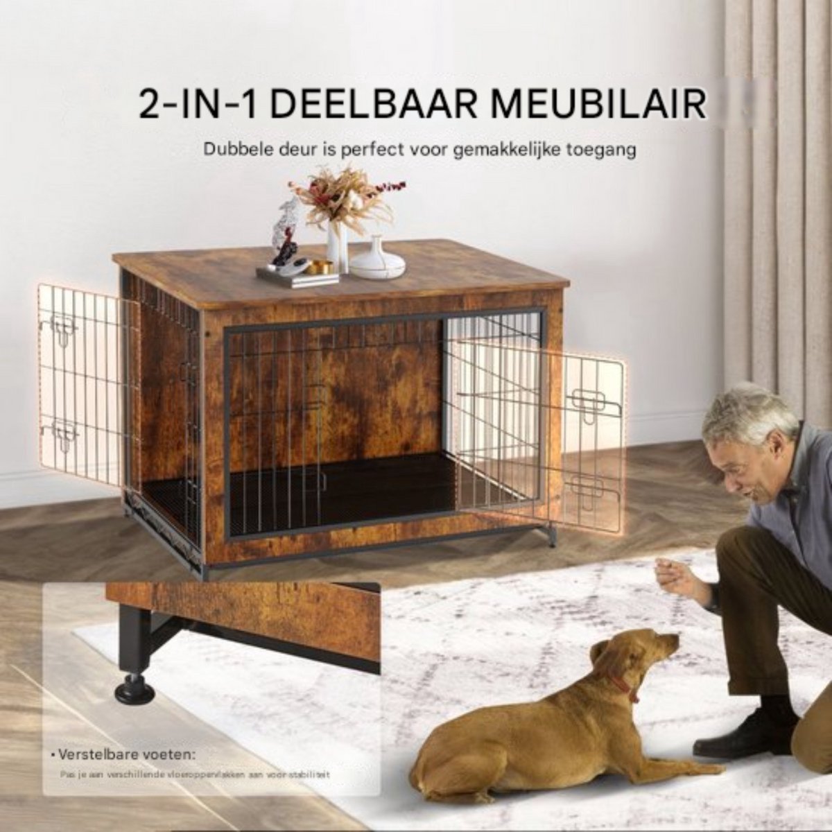 Hondenbench vintage - Hondenkooi - Hondenhok - Hondenkennel - Met lekbak en kussen - Honden bench voor binnen