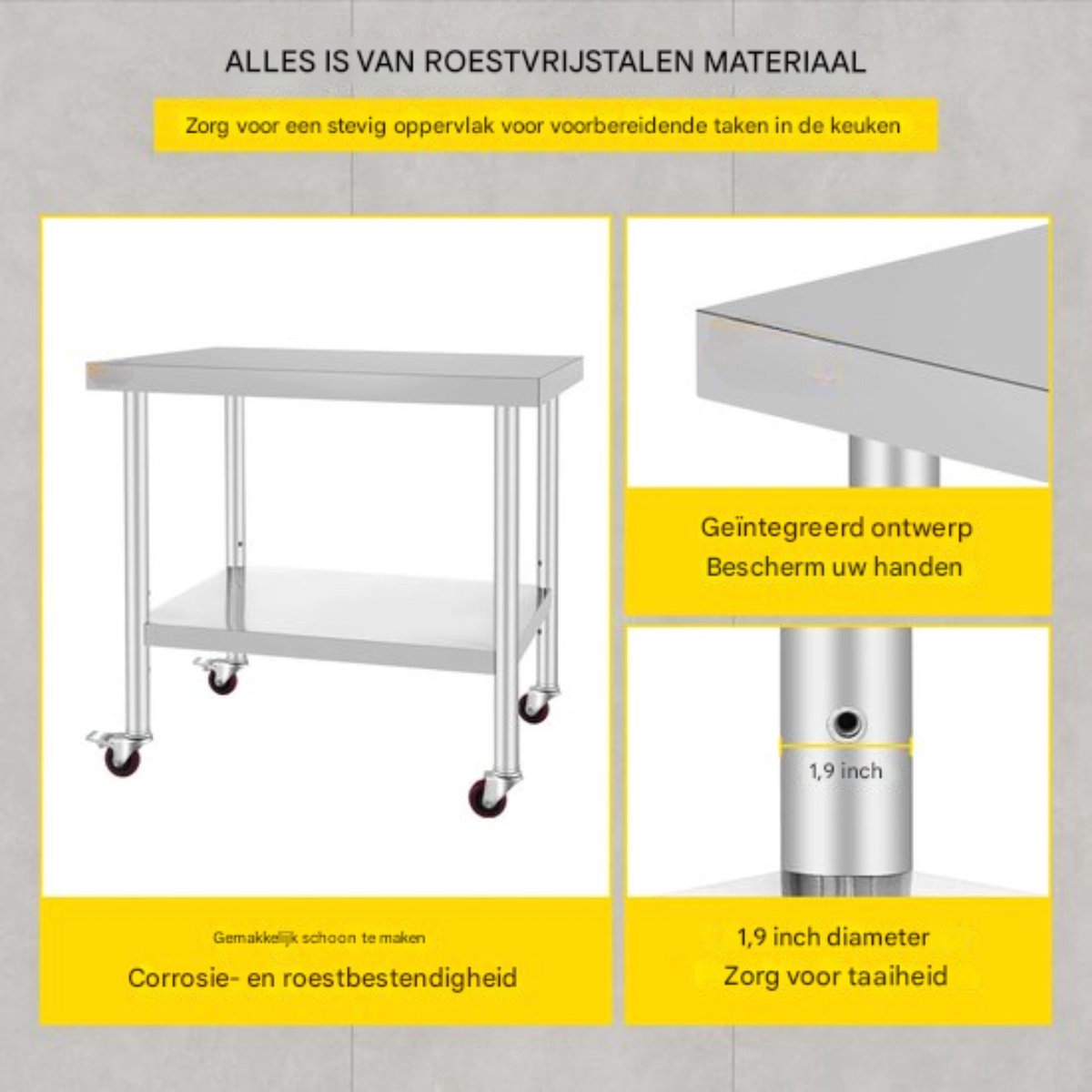 Keuken Werktafel - Commercieel - RVS - Verrijdbaar - Zilver - 95x61cm