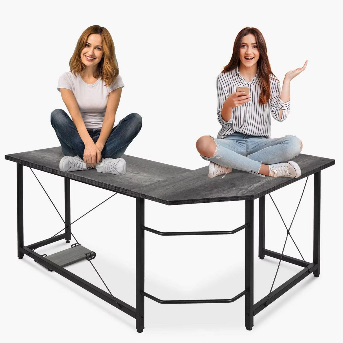 L-vormig Hoekbureau - Voor Thuiswerken, Gaming & Kantoor - Ruim Computerwerkstation met PC & Laptopruimte - 167 cm - Donkergrijs
