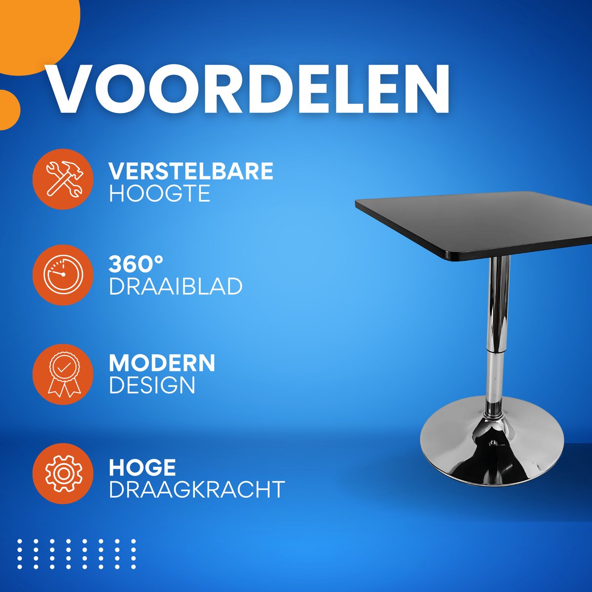 Bartafel - Eettafel - Woonkamertafel - Voor Thuis, Café en Kantoor - 360° Draaibaar Blad - Capaciteit 150 kg - 60x60x45cm