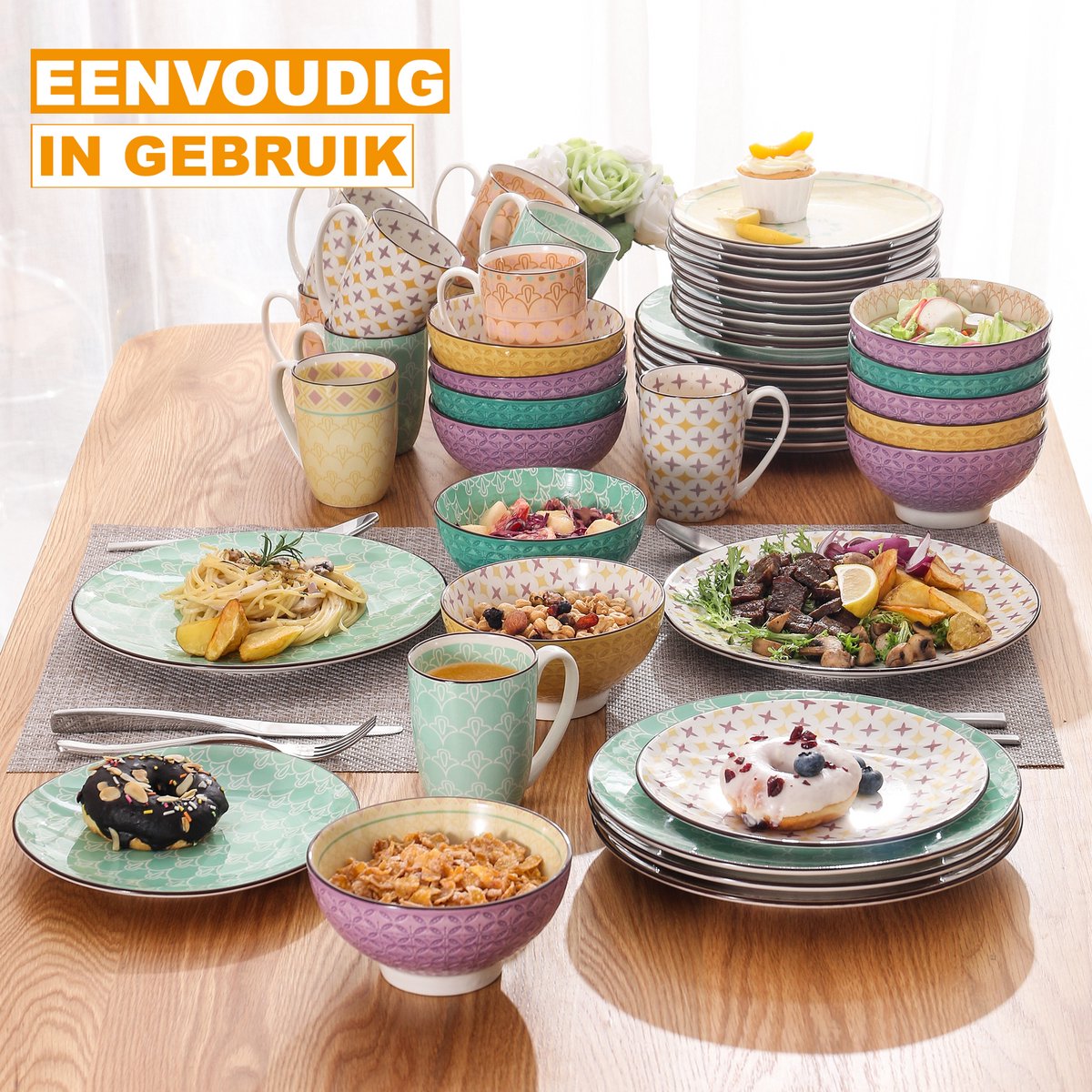 Eminent Bordenset – Color 4 persoons – 16 delig – Kleurrijk Keramisch – Serviesset – Breakfast Plates