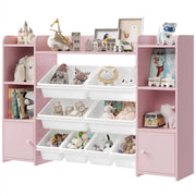 Speelgoedopbergkast – Kinderspeelkamer - Kinderboekenkast - Voor woonkamer, speelkamer en slaapkamer – Met 8 verwijderbare dozen en opbergplanken – 138,8×29,6×94,3 cm - Roze
