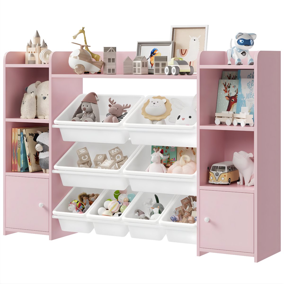 Speelgoedopbergkast – Kinderspeelkamer - Kinderboekenkast - Voor woonkamer, speelkamer en slaapkamer – Met 8 verwijderbare dozen en opbergplanken – 138,8×29,6×94,3 cm - Roze