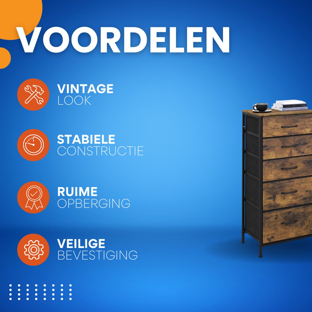 Woonkamerkast Tavien - Voor Opbergen in Woonkamer of Slaapkamer - Industrieel Dressoir met 5 Stoffen Lades - Rustiek Bruin Metaal
