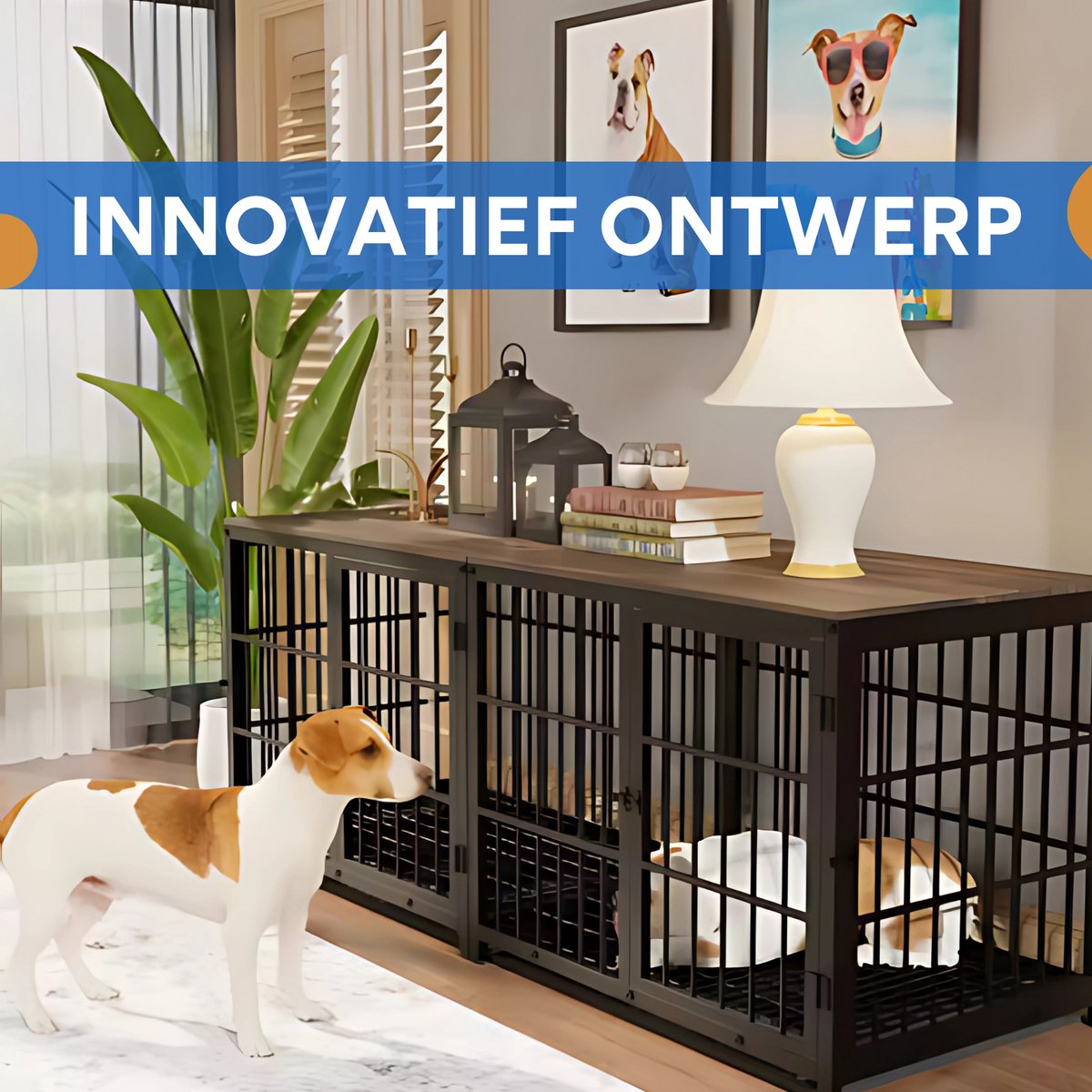 Zware Hondenkennel - Voor Huisdieren - Metalen Hondenkrat met Houten Meubelstijl - Hondenbench - Zwart - 78cm