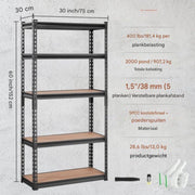 Opbergrek - Stellingkast- Rekken- Werkplaatsrek - 907,2kg Totaal - 181,4kg per Plank - 75x30x152cm Inhaaksysteem