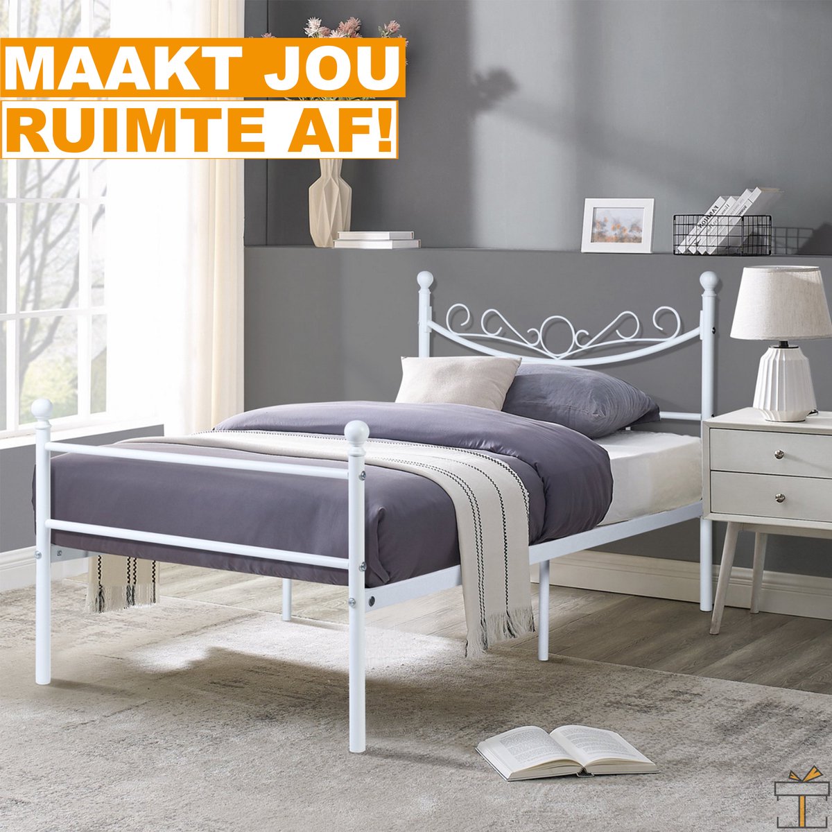 Happyment Metalen bedframe - 2 persoons twijfelaar - 140 x 200cm - Incl. lattenbodem - Wit