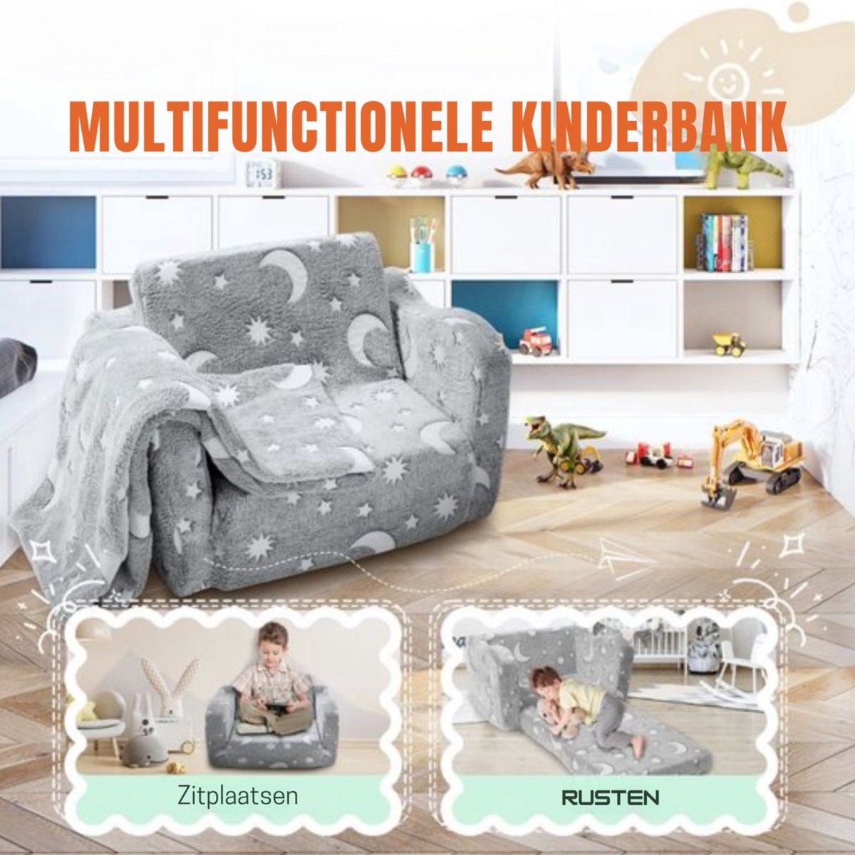Grijze Opvouwbare Kinderstoelbank – Kinderfauteuil met Opbergruimte – Belastbaar tot 20 kg