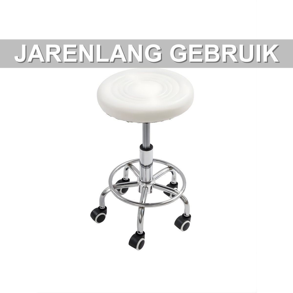 Draaikruk - Werkkruk - Kapperskruk - Tabouret - Voor Schoonheidssalons, Bars & Thuis - Met wieltjes - 150 kg Draagvermogen - Wit